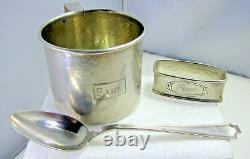 3 Pc Child's Sterling Silver Hammered Cup, Spoon & Napkin Ring Set Engraved Paul