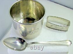 3 Pc Child's Sterling Silver Hammered Cup, Spoon & Napkin Ring Set Engraved Paul