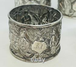 6 Antique Chinese Sterling Silver Hand Chased Figures Scenic Napkin Rings