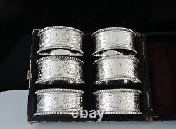 6 Cased Antique Sterling Silver Napkin Rings, Hilliard & Thomason 1891