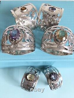 6 Sterling Silver Gemstones Citrine Amethysts Napkin Rings Set Thistle
