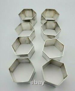 8 Handwrought Hand Hammered Hexagon Shape Sterling Silver Napkin Rings #10679
