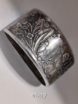 Antique Art Nouveau Napkin Ring Holder Sterling Silver Repousse Flowers Elf Girl
