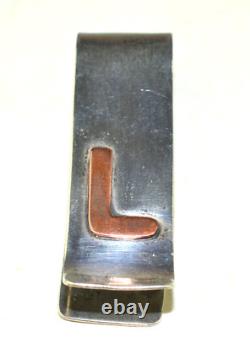 Antique Arts And Crafts Sterling Silver Napkin Clip With Copper L Initial