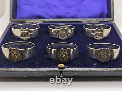 Antique Cased English Set of 6 Sterling Silver Napkin Rings C initial, d. 1913