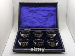 Antique Cased English Set of 6 Sterling Silver Napkin Rings C initial, d. 1913