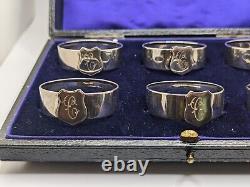 Antique Cased English Set of 6 Sterling Silver Napkin Rings C initial, d. 1913