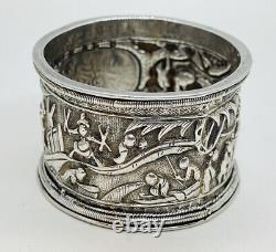 Antique Chinese Sterling Silver Hand Chased Detailed Scene Napkin Ring