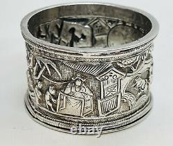 Antique Chinese Sterling Silver Hand Chased Detailed Scene Napkin Ring