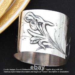 Antique French Art Nouveau Sterling Silver Napkin Ring, Sinuous Floral, Laure