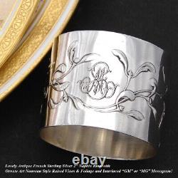 Antique French Art Nouveau Sterling Silver Napkin Ring, Sinuous Foliate Accents