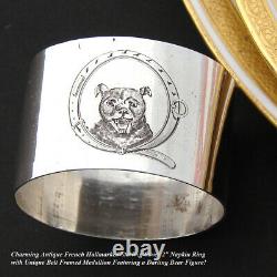 Antique French Hallmarked Sterling Silver Napkin Ring, Rare Bear or Dog Figure