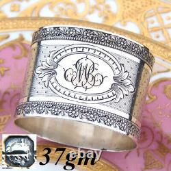 Antique French Sterling Silver 1 7/8 Napkin Ring, Ornate Floral Garland Bands