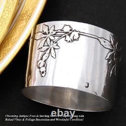 Antique French Sterling Silver 2 Napkin Ring, Applied or Raised Foliate Accents