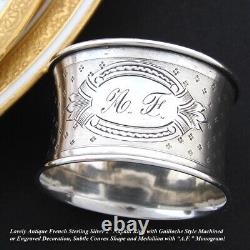 Antique French Sterling Silver 2 Napkin Ring, Convex Shape, Engraved, AF Monogr