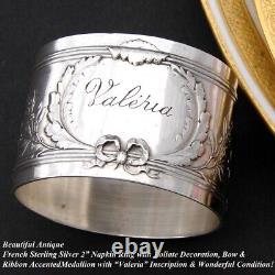 Antique French Sterling Silver 2 Napkin Ring, Foliate with Garland & Valeria
