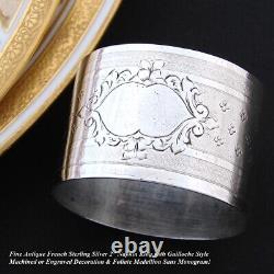 Antique French Sterling Silver 2 Napkin Ring, Guilloche Style Decoration