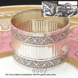 Antique French Sterling Silver 2 Napkin Ring, Laurel Garland & Ribbon Bands
