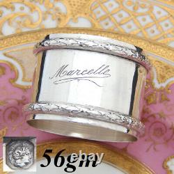 Antique French Sterling Silver 2 Napkin Ring, Marcelle Inscription, Laurel
