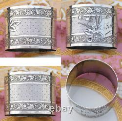 Antique French Sterling Silver 2 Napkin Ring, Ornate Foliate Pattern, Arthur