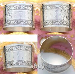 Antique French Sterling Silver 2 Napkin Ring, Ornate Foliate Pattern, LL Mono