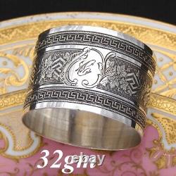 Antique French  Sterling Silver 2 Napkin Ring, Ornate Pattern, C Monogram