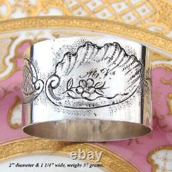 Antique French Sterling Silver 2 Napkin Ring, Ornate Rococo Style, MV Monogram