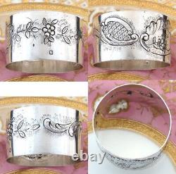 Antique French Sterling Silver 2 Napkin Ring, Ornate Rococo Style, MV Monogram