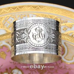 Antique French Sterling Silver 2 Napkin Ring, Ornate Scrolling Foliage, AT