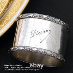 Antique French Sterling Silver 2 Napkin Ring, Raised Laurel Bands, Pierre