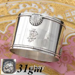 Antique French Sterling Silver 2 Napkin Ring, Seashell Accents, JP Monogram