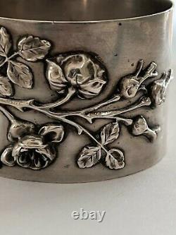 Antique French Sterling Silver Figural RAISED ROSE BRANCH Napkin Ring Holder
