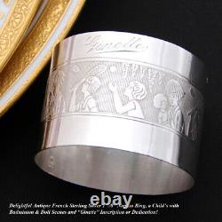 Antique French Sterling Silver Napkin Ring, Child's Ginette Inscription & Doll