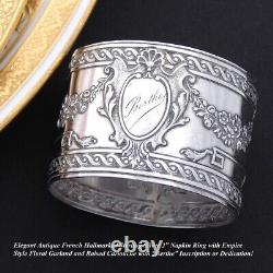 Antique French Sterling Silver Napkin Ring, Empire Style Floral Garland Berthe