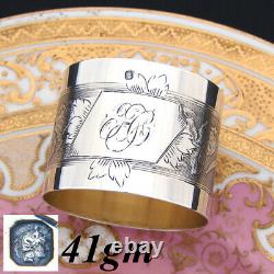 Antique French Sterling Silver Napkin Ring, Floral Decoration, Interlaced Monogr