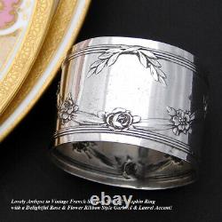 Antique French Sterling Silver Napkin Ring, Floral & Foliate Bas Relief