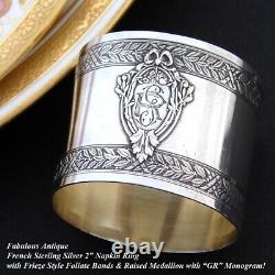 Antique French Sterling Silver Napkin Ring, Foliate Garland & Bow Top Medallion