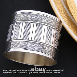 Antique French Sterling Silver Napkin Ring, Frieze Style Laurel Bands, 46gm