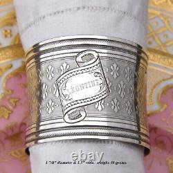 Antique French Sterling Silver Napkin Ring, Guilloche Style, Banner Leontine