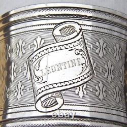 Antique French Sterling Silver Napkin Ring, Guilloche Style, Banner Leontine