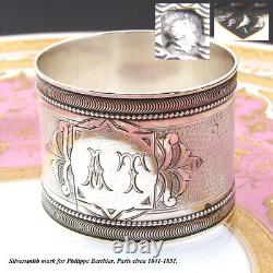 Antique French Sterling Silver Napkin Ring, Guilloche Style Decoration, AT Monog