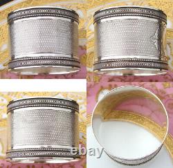 Antique French Sterling Silver Napkin Ring, Guilloche Style Decoration, AT Monog