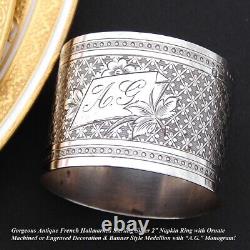 Antique French Sterling Silver Napkin Ring, Guilloche Style Decoration, A. G
