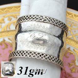 Antique French Sterling Silver Napkin Ring, Guilloche Style Decoration, EP Monog