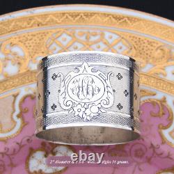 Antique French Sterling Silver Napkin Ring, Guilloche Style, Medallion with HR