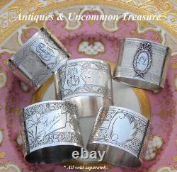 Antique French Sterling Silver Napkin Ring, Guilloche Style Stars, LL Monogm