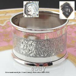Antique French Sterling Silver Napkin Ring, Machined Band Bell Flowers, Foliage