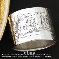 Antique French Sterling Silver Napkin Ring, Ornate Guilloche Style Floral