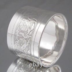 Antique French Sterling Silver Napkin Ring, Poppies, Flowers, Engraved Marcel