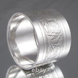 Antique French Sterling Silver Napkin Ring, Poppies, Flowers, Engraved Marcel